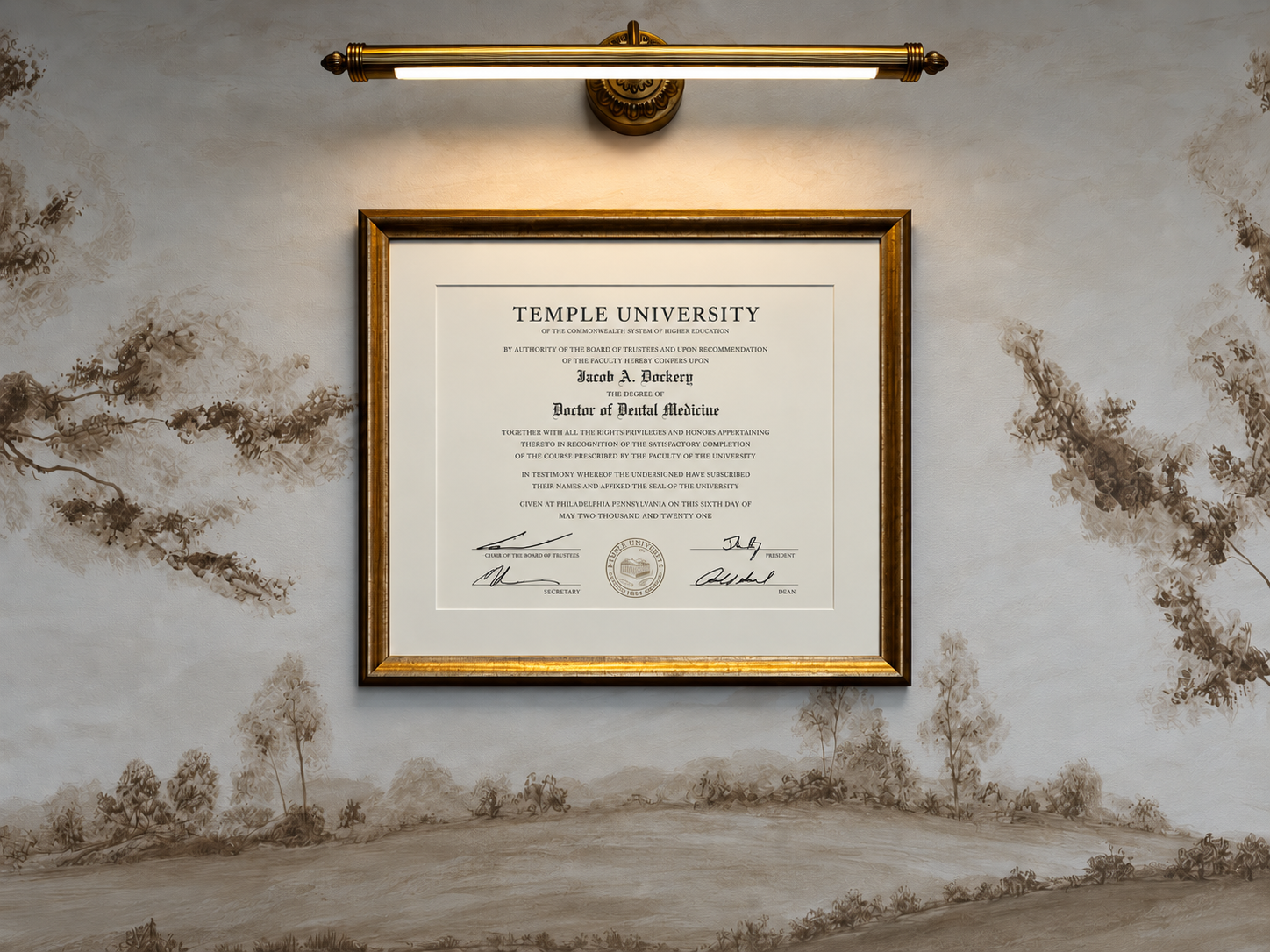 A framed Temple University diploma displayed in the practice